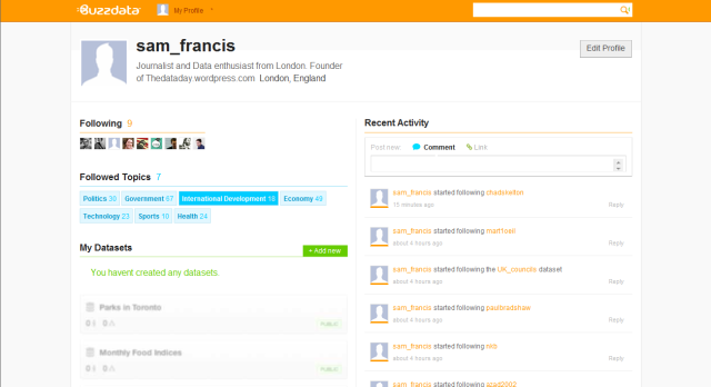 Picture of Buzz Data Profile page with Orange Header showing features similar to Twitter and Facebook