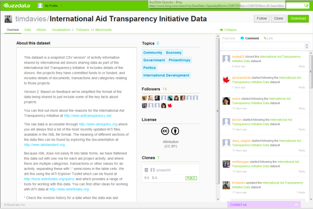 Screengrab from Buzz Data's data page showing a brief desciption of selected data on international voluntary aid witha green banner at the top of the screen
